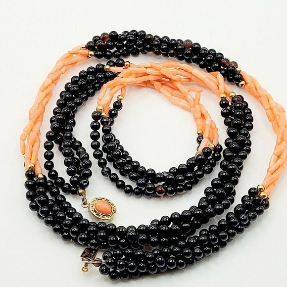 Vintage Black Agate & Angelskin Coral Multi-strand Necklace 28" 4Twisted Strands - Picture 3 of 12